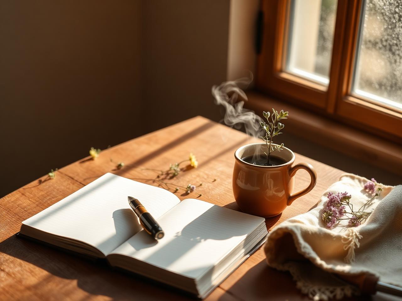 An open notebook with a fountain pen beside a small potted plant in soft light