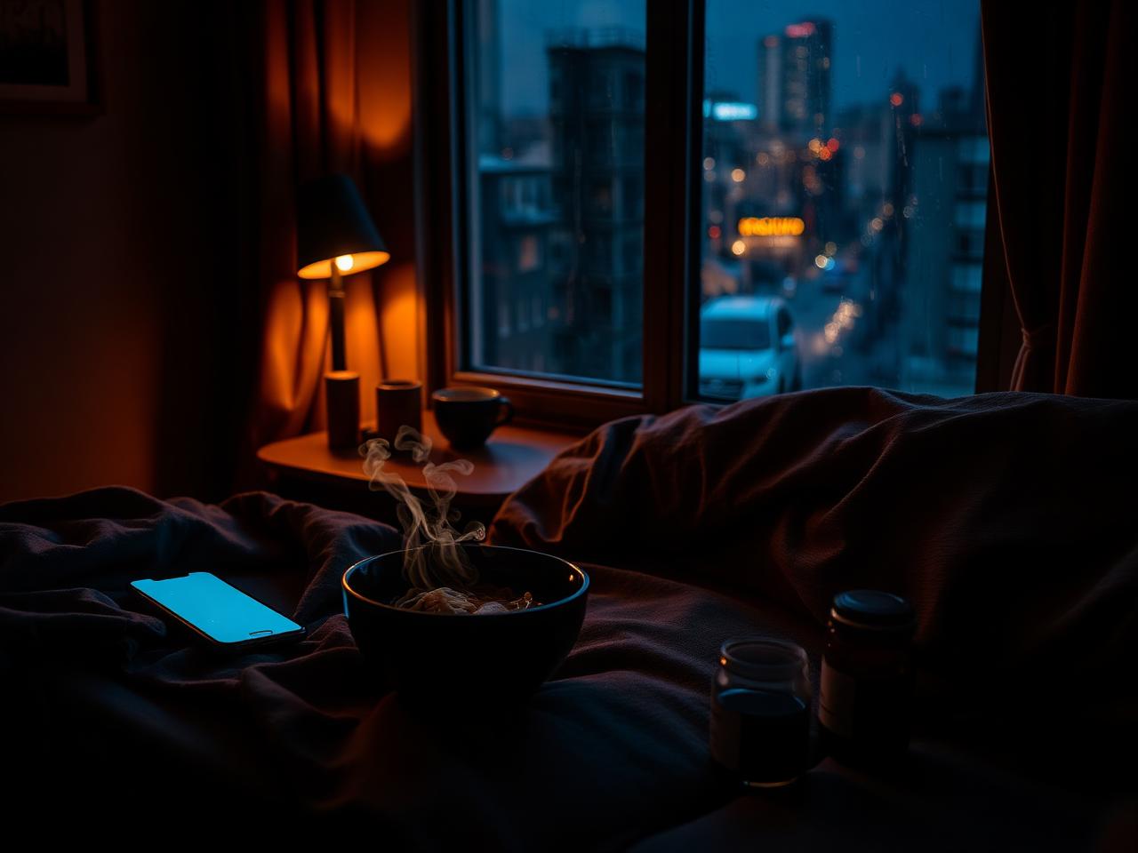 A man alone at dusk in a warm dim apartment, the glow of a phone lighting his face