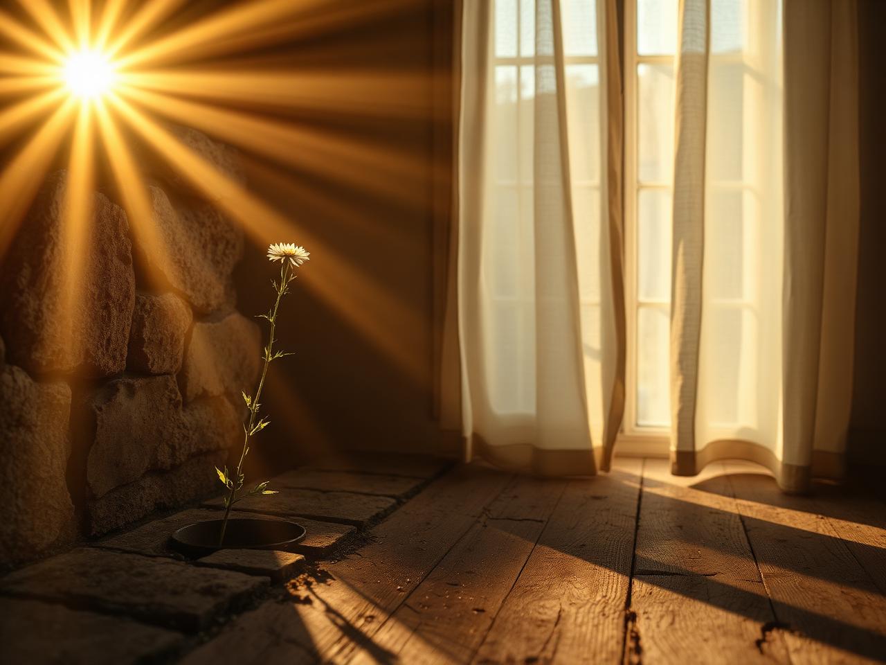 A woman by a sunlit window, sheer curtains catching the morning light on her face