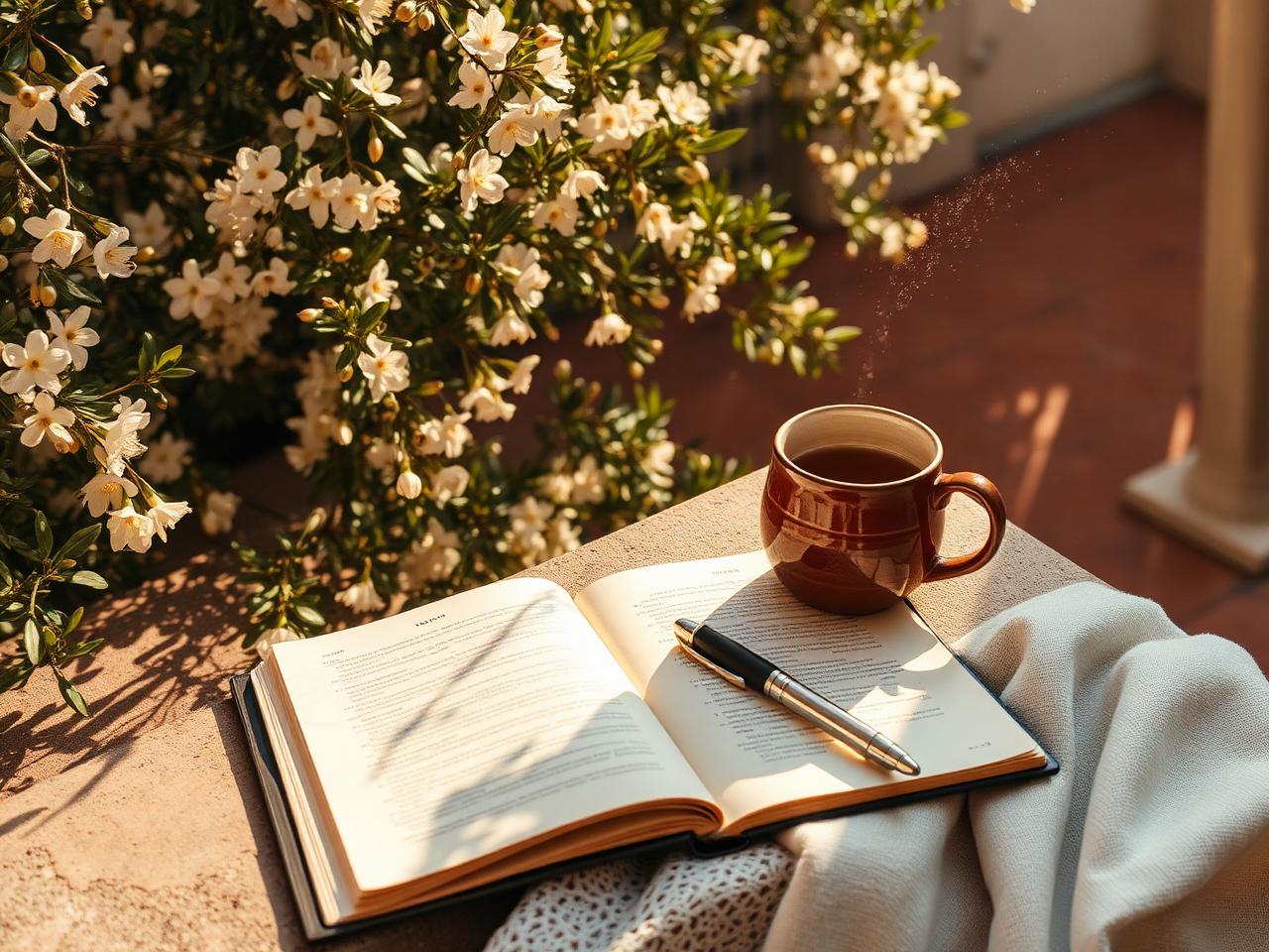 A woman walking barefoot through a sunlit Mediterranean garden with a warm cup in her hands