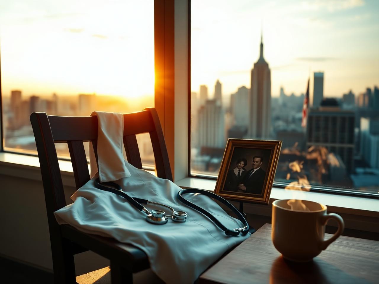 A doctor in a white coat by a hospital window overlooking the New York skyline at golden hour