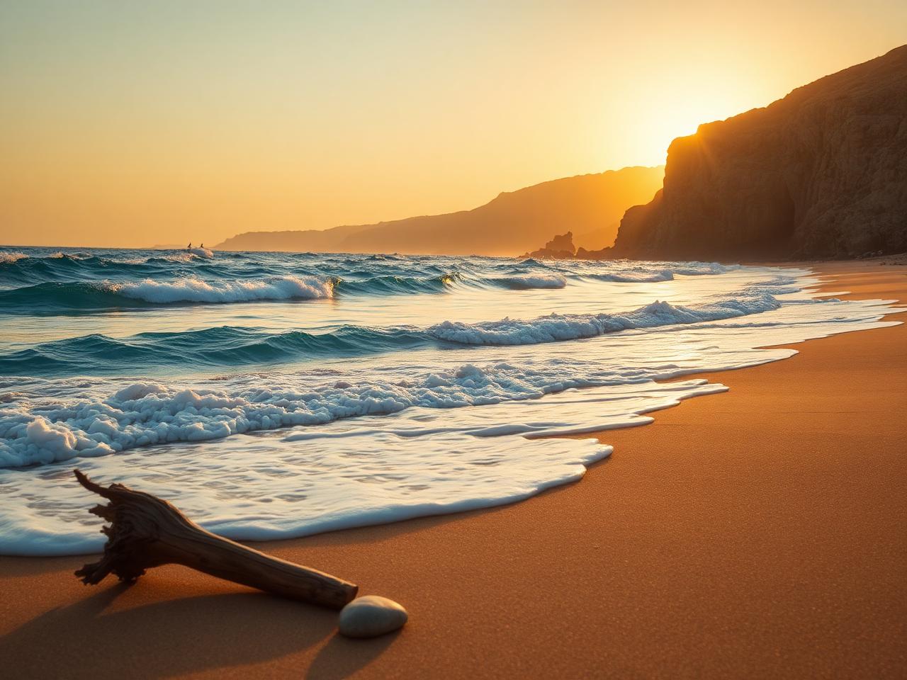 A woman standing on the Lebanese coastline at sunrise, wind in her hair, looking at the sea