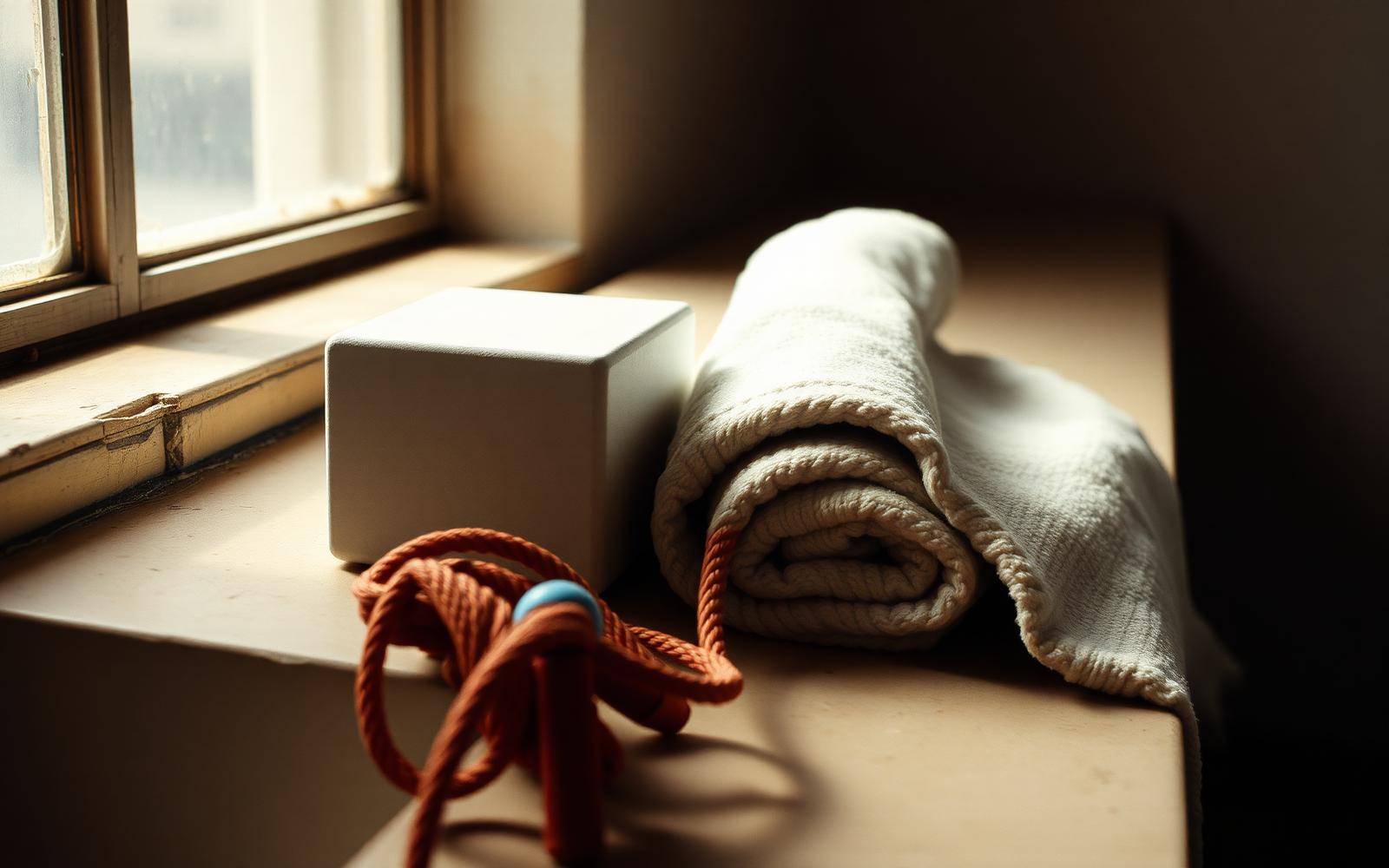 A chalk block, jump rope and folded towel on a warm concrete bench in window light
