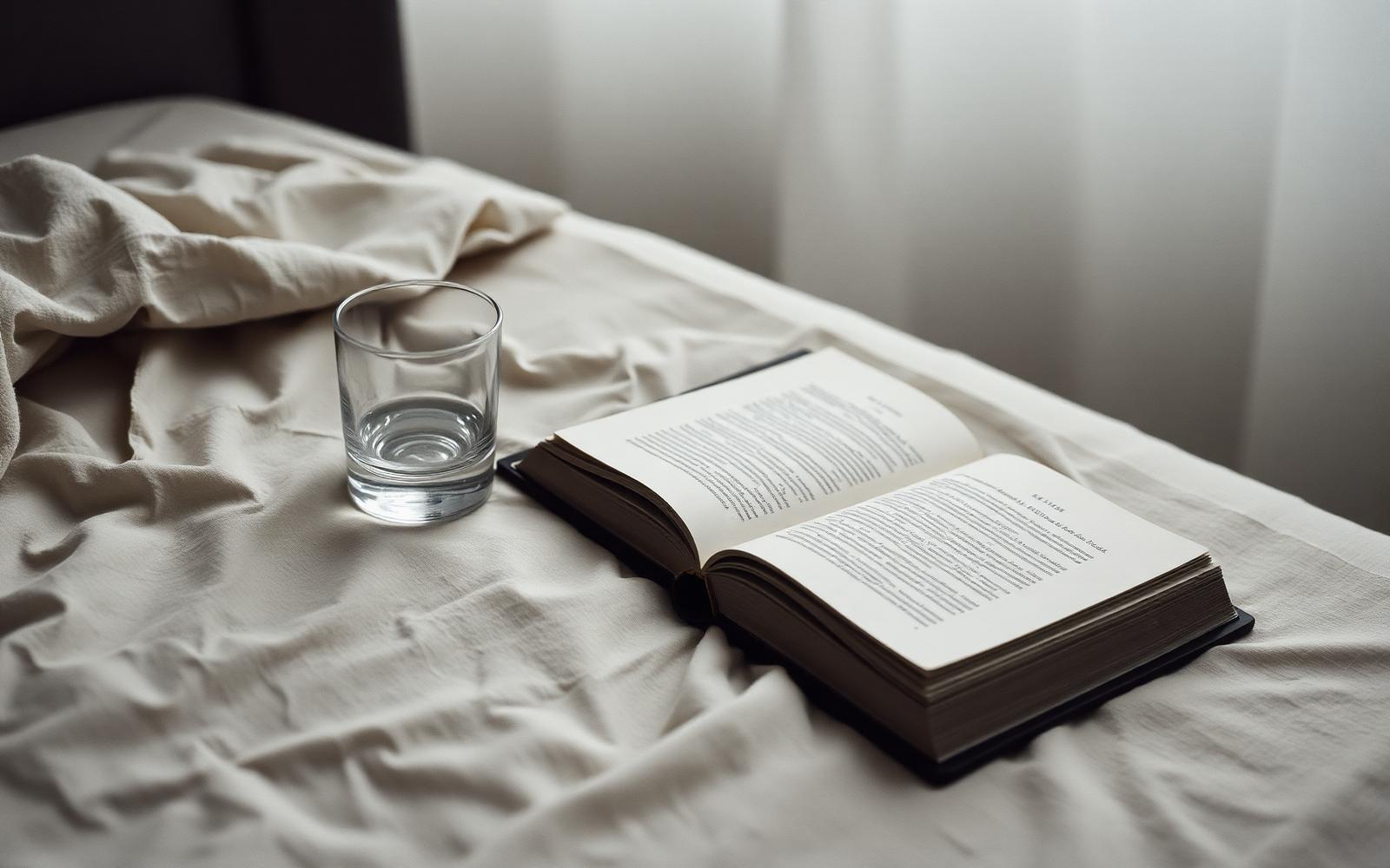 An unmade linen bed at dawn with a glass of water and an open book