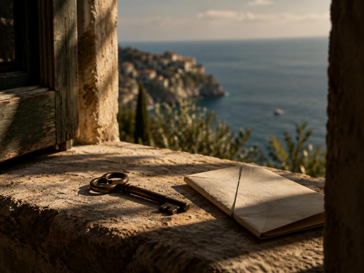 An old key and a folded letter on a stone windowsill above the Mediterranean