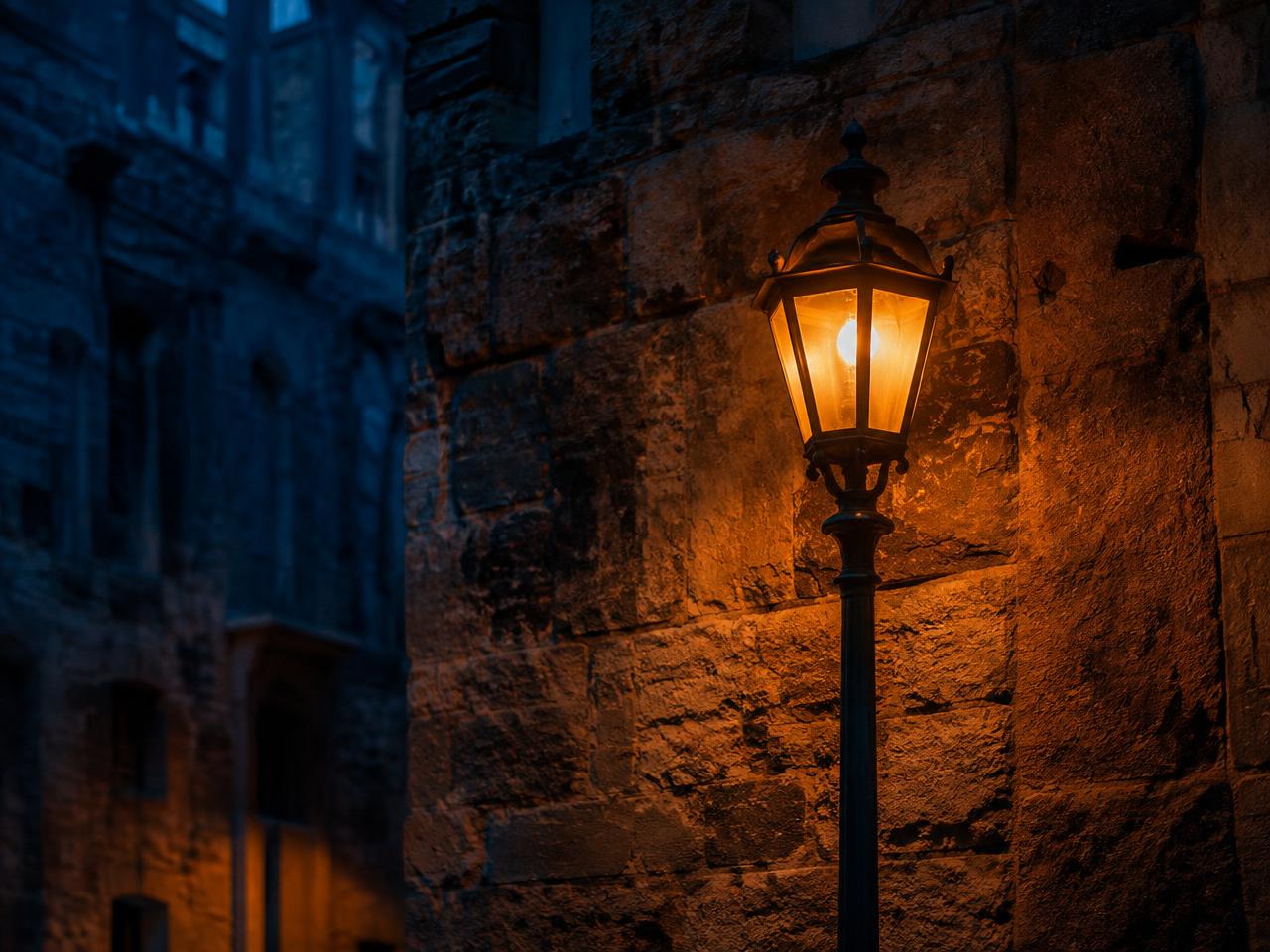 A single street lamp glowing against an old stone wall at dusk